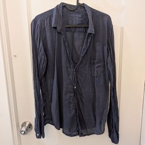 Frank & Eileen Barry Shirt Women Large Navy Blue Button Up Cotton Blouse Crinkle